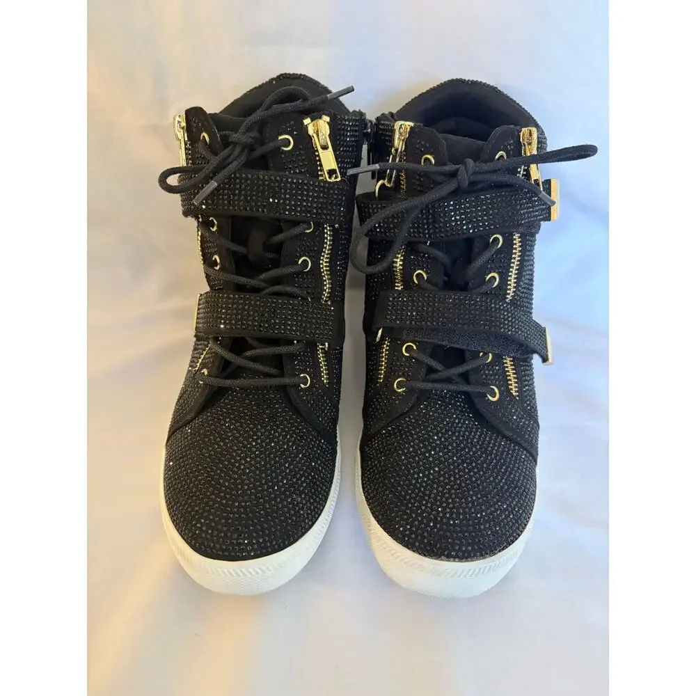 INC International Concepts Debby Rhinestone Wedge Sneakers Black Gold Sz 10